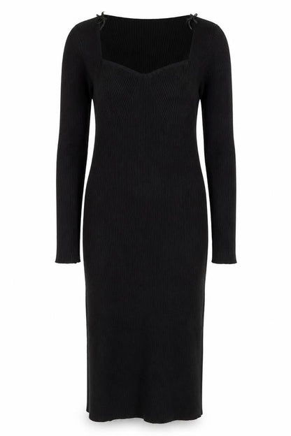 QED London Women Black L Ribbed Knit V-Neck Midi Jumper Dress