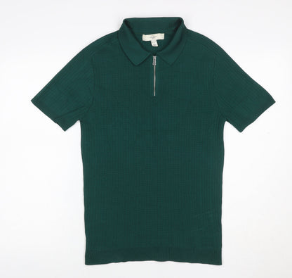 River Island Men’s Green M Ribbed Knit 1/4 Zip Polo Shirt