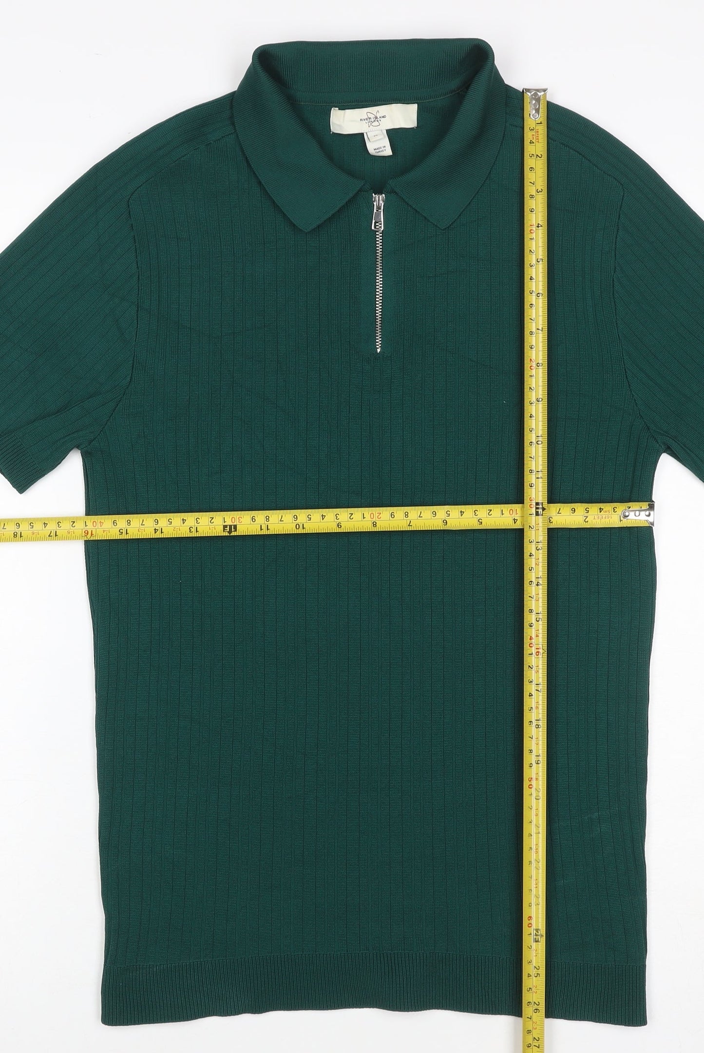 River Island Men’s Green M Ribbed Knit 1/4 Zip Polo Shirt