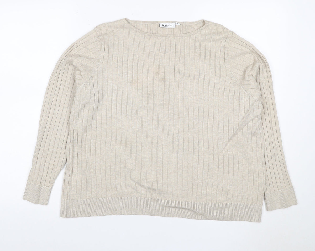 Masai Women Beige M Ribbed Viscose Knit Long Sleeve Basic Top