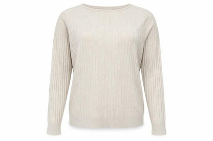 Masai Women Beige M Ribbed Viscose Knit Long Sleeve Basic Top