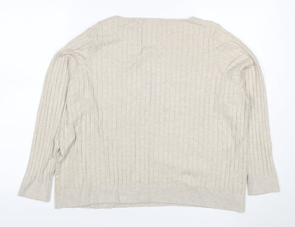 Masai Women Beige M Ribbed Viscose Knit Long Sleeve Basic Top