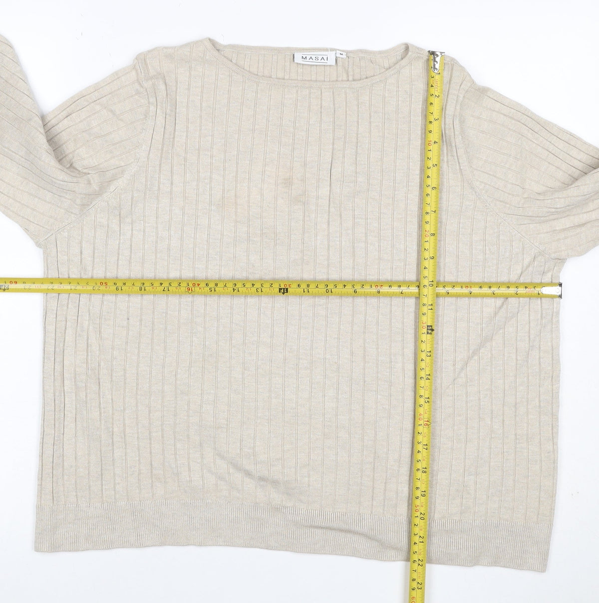 Masai Women Beige M Ribbed Viscose Knit Long Sleeve Basic Top