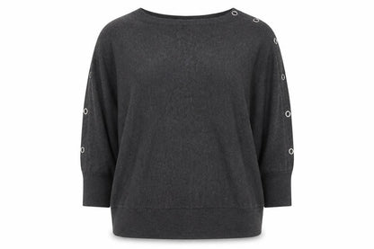 Yours Women Grey UK 22-24 Knit 3/4 Sleeve Eyelet Detail Top