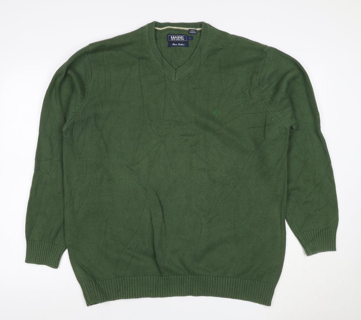 Maine New England Men's Green L V-Neck Pure Cotton Pullover Jumper