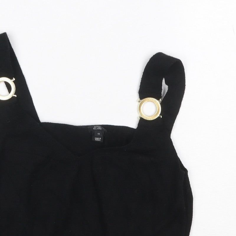 River Island Women Black UK 12 Cropped Knit Tank Top Gold Ring Straps
