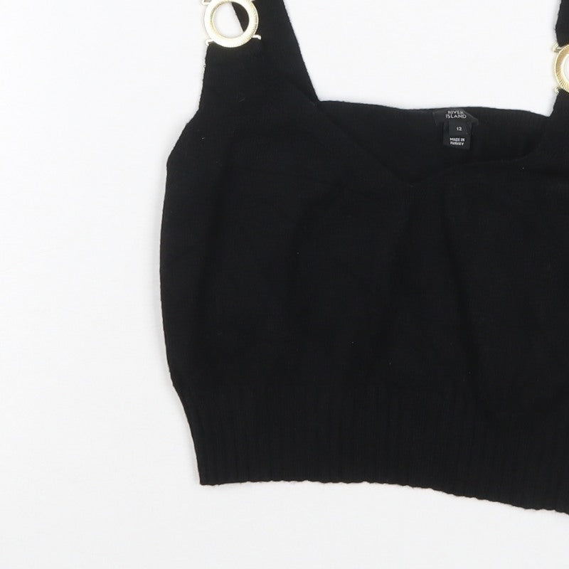 River Island Women Black UK 12 Cropped Knit Tank Top Gold Ring Straps