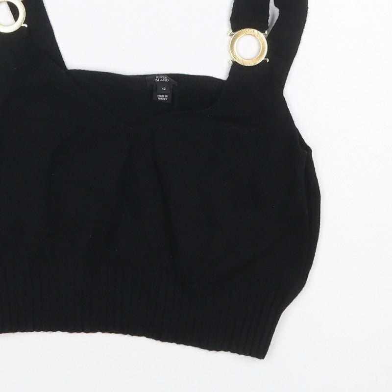 River Island Women Black UK 12 Cropped Knit Tank Top Gold Ring Straps