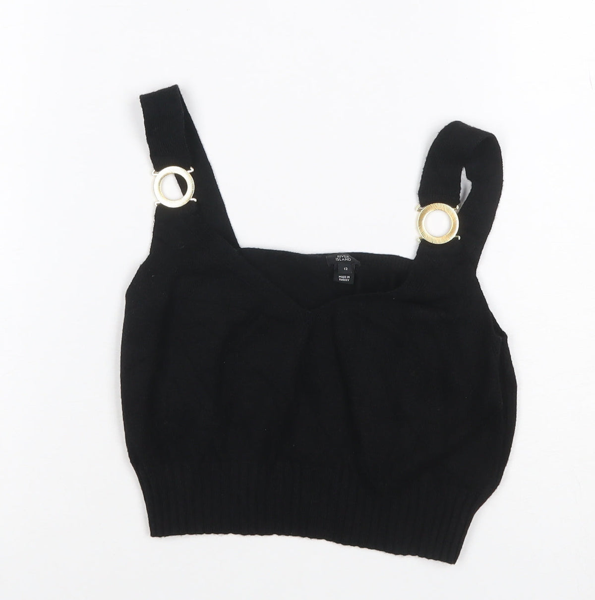 River Island Women Black UK 12 Cropped Knit Tank Top Gold Ring Straps