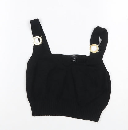 River Island Women Black UK 12 Cropped Knit Tank Top Gold Ring Straps