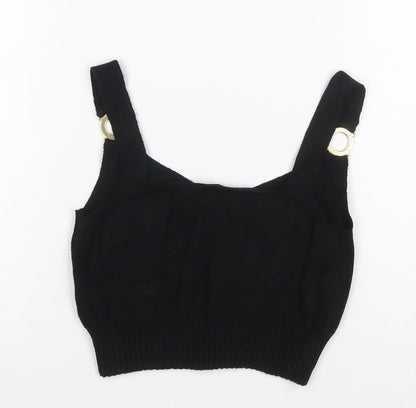 River Island Women Black UK 12 Cropped Knit Tank Top Gold Ring Straps