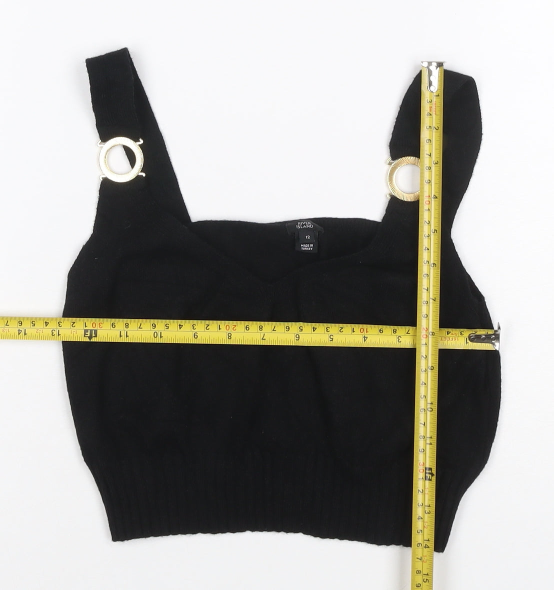 River Island Women Black UK 12 Cropped Knit Tank Top Gold Ring Straps
