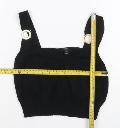 River Island Women Black UK 12 Cropped Knit Tank Top Gold Ring Straps
