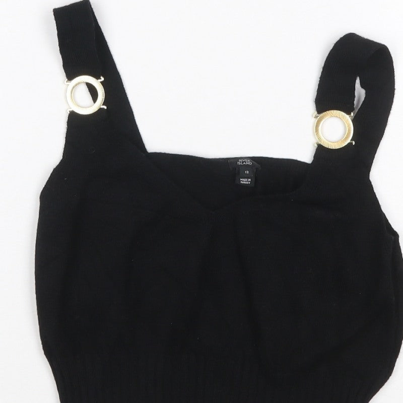 River Island Women Black UK 12 Cropped Knit Tank Top Gold Ring Straps