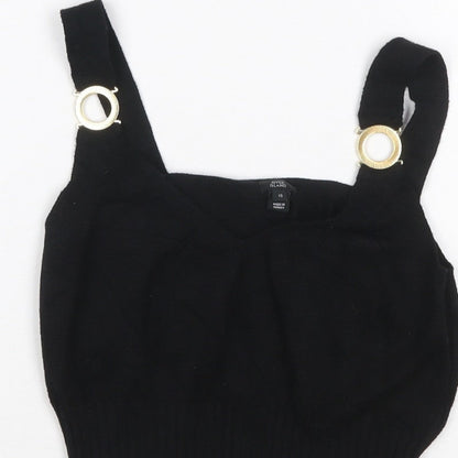 River Island Women Black UK 12 Cropped Knit Tank Top Gold Ring Straps