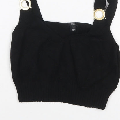 River Island Women Black UK 12 Cropped Knit Tank Top Gold Ring Straps