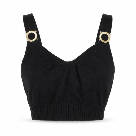 River Island Women Black UK 12 Cropped Knit Tank Top Gold Ring Straps