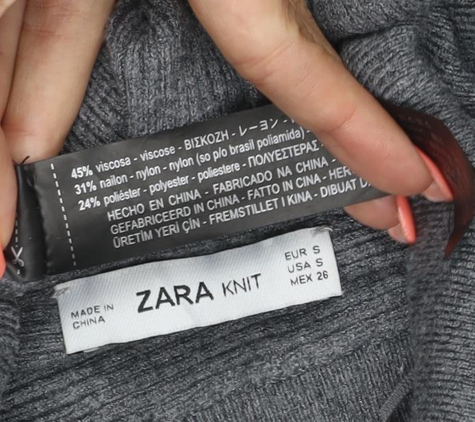 Zara Women Grey UK 8 Roll Neck Balloon Sleeve Knit Jumper