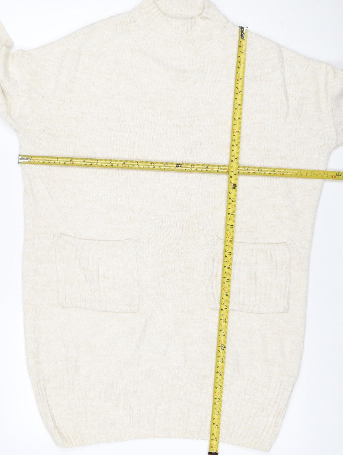 Close-up detail of Miss Selfridge Women Ivory UK 10 Roll Neck Pocket Tunic Jumper