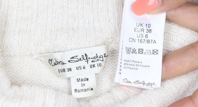 Brand and care label for Miss Selfridge Women Ivory UK 10 Roll Neck Pocket Tunic Jumper