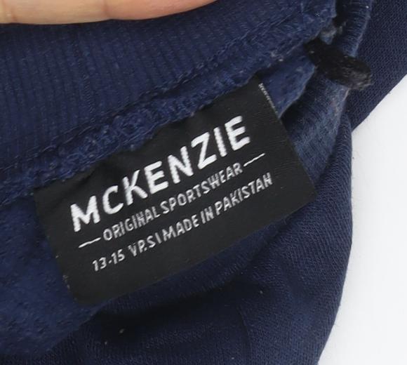 Brand and care label for McKenzie Teens Blue 158 Fleece Jogger Track Pants Drawstring