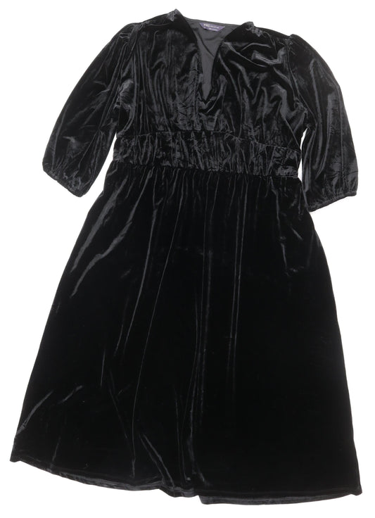 Marks and Spencer Women Black Size 16 Velvet Midi A-Line Party Dress