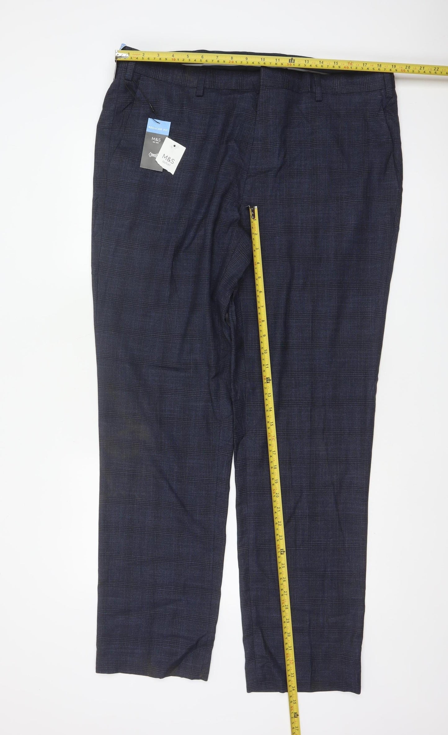 Marks and Spencer Men’s Blue Check Regular Fit Dress Trousers 40 33