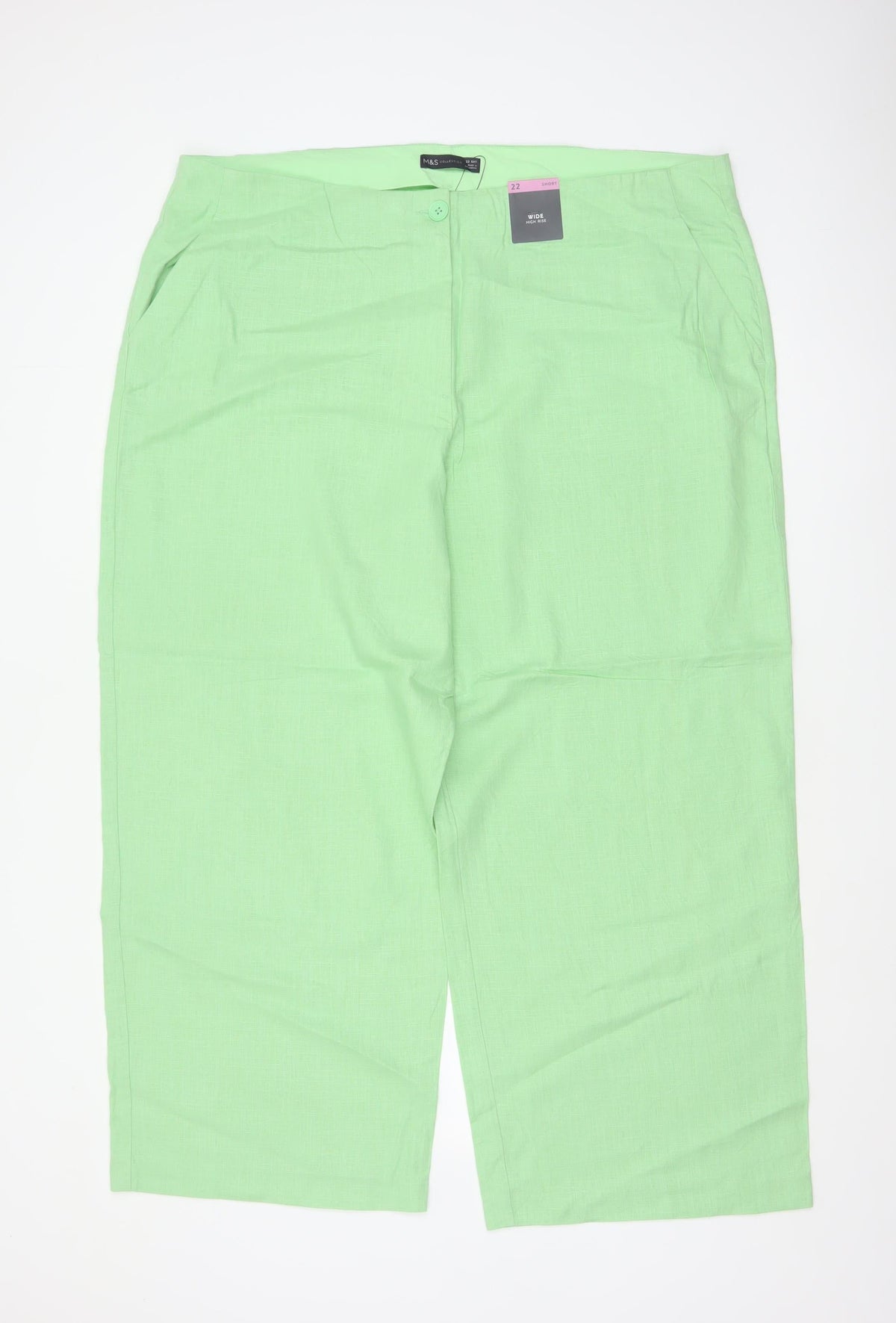 Marks & Spencer Women Green Size 22 Short Wide Leg High Rise Linen Trousers