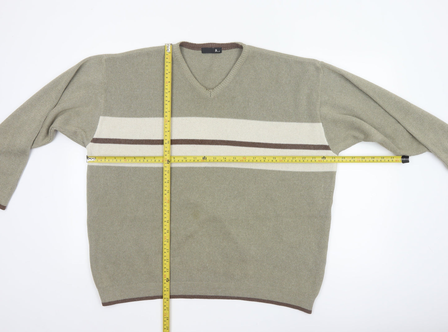 BHS Men’s Beige L V-Neck Striped Cotton Blend Knit Pullover Jumper
