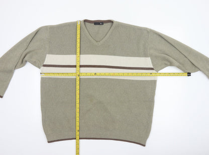 BHS Men’s Beige L V-Neck Striped Cotton Blend Knit Pullover Jumper
