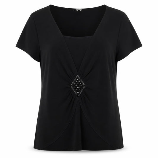 Kaliko Women’s Black UK 16 V-Neck Beaded Short Sleeve Blouse