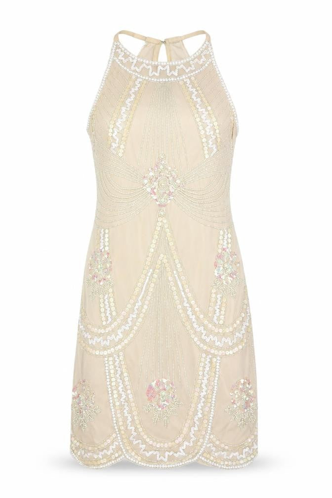 Lipsy Women's Beige UK 10 Beaded Sequin Halter Sheath Party Dress