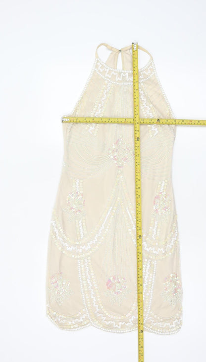Lipsy Women's Beige UK 10 Beaded Sequin Halter Sheath Party Dress