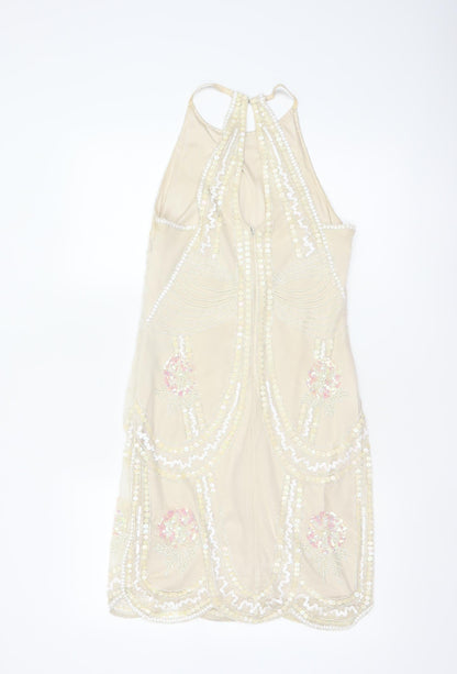 Lipsy Women's Beige UK 10 Beaded Sequin Halter Sheath Party Dress