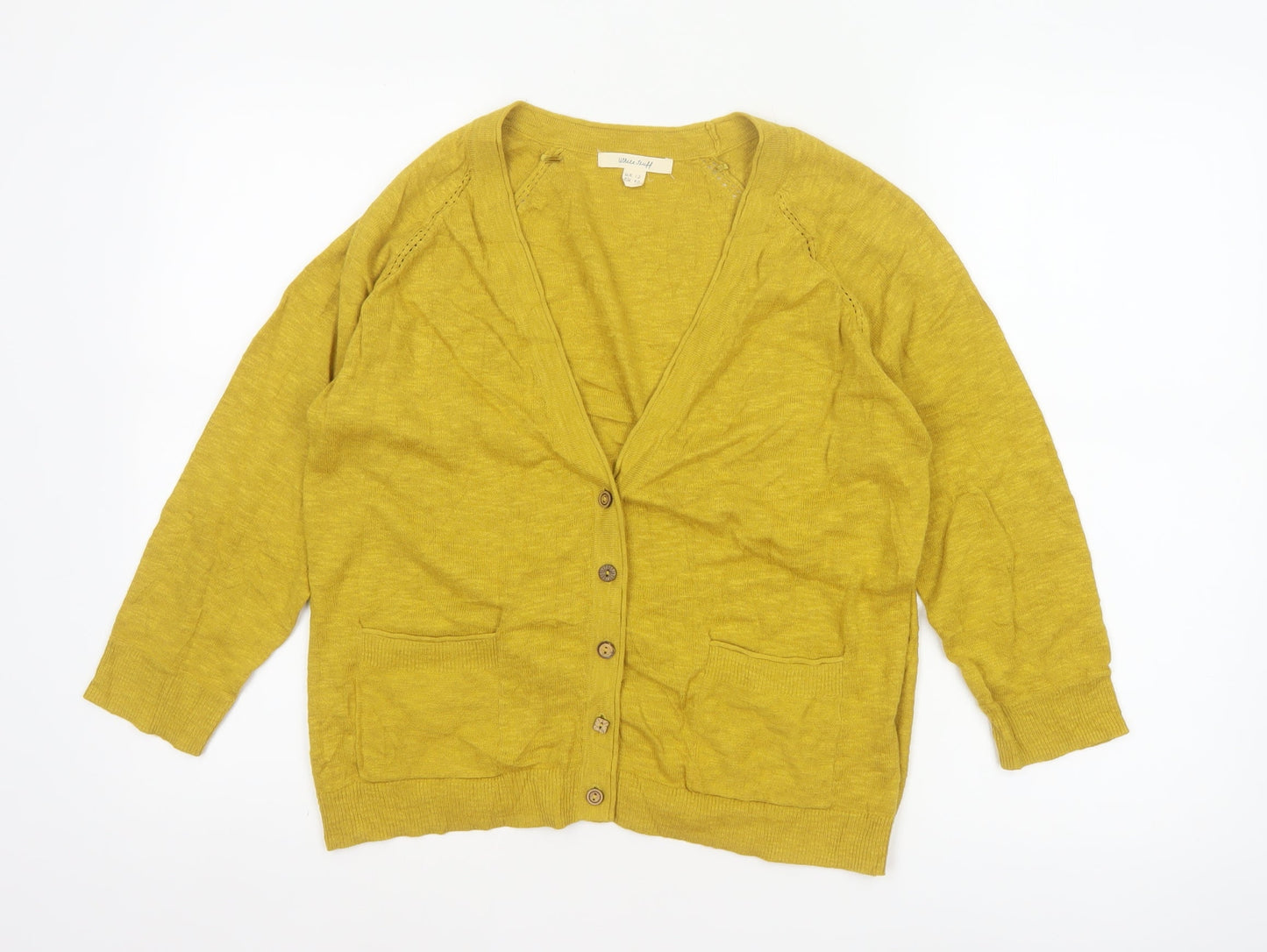 White Stuff Women Yellow Size 12 Linen Cotton V-Neck Cardigan