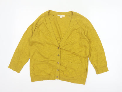 White Stuff Women Yellow Size 12 Linen Cotton V-Neck Cardigan