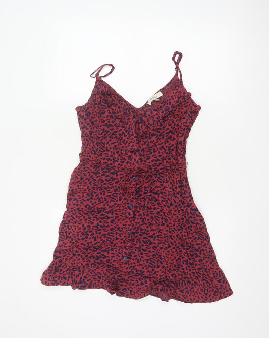 Oasis Women Red Animal Print Size 12 Fit & Flare Strappy Mini Dress