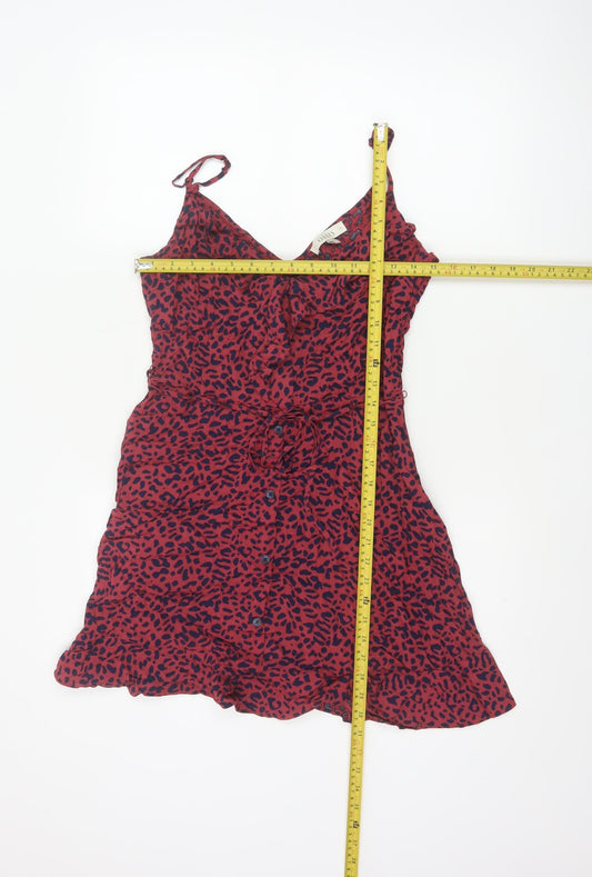 Oasis Women Red Animal Print Size 12 Fit & Flare Strappy Mini Dress