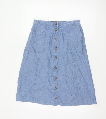 Isle Collection Women Blue UK 12 A-Line Chambray Midi Button Skirt