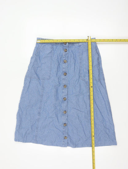 Isle Collection Women Blue UK 12 A-Line Chambray Midi Button Skirt