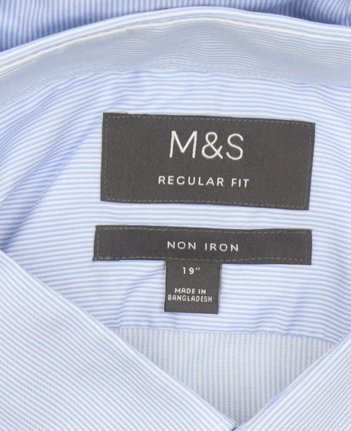 Marks & Spencer Men's Blue 19in Regular Fit Non-Iron Striped Shirt