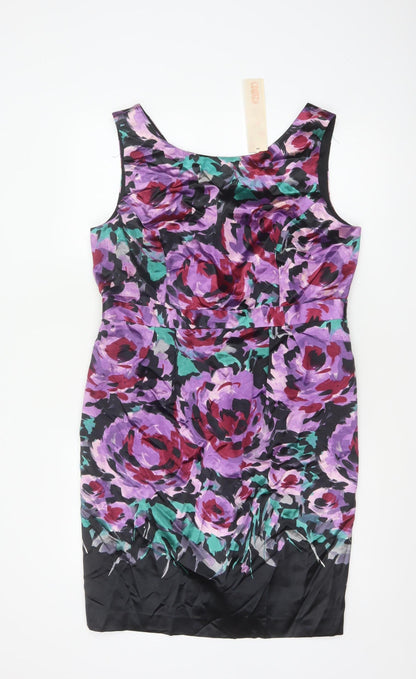 Additional front view of Kaliko Women Purple Floral Silk Cotton UK 16 Sleeveless Sheath Dress