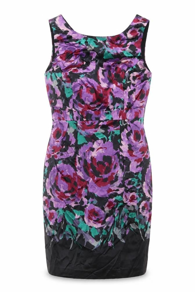 Front view of Kaliko Women Purple Floral Silk Cotton UK 16 Sleeveless Sheath Dress