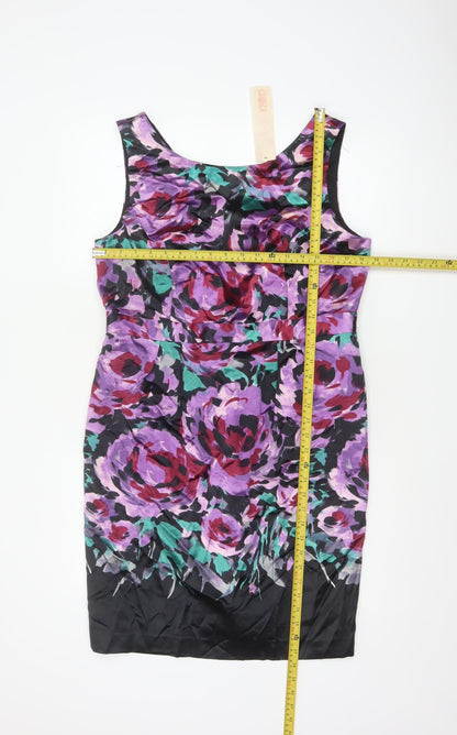 Back view of Kaliko Women Purple Floral Silk Cotton UK 16 Sleeveless Sheath Dress