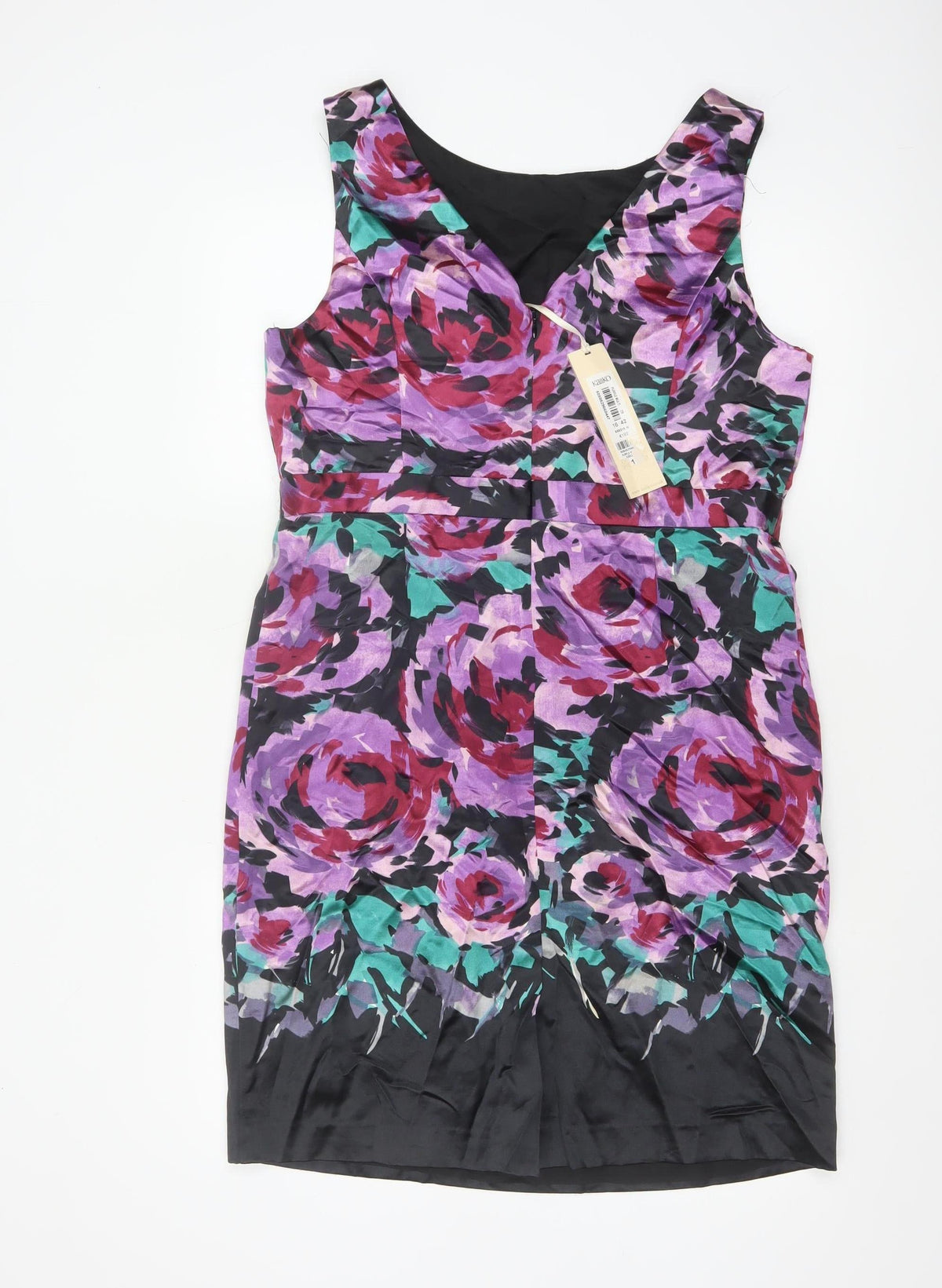 Close-up detail of Kaliko Women Purple Floral Silk Cotton UK 16 Sleeveless Sheath Dress