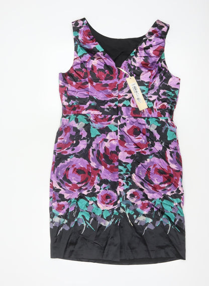 Close-up detail of Kaliko Women Purple Floral Silk Cotton UK 16 Sleeveless Sheath Dress