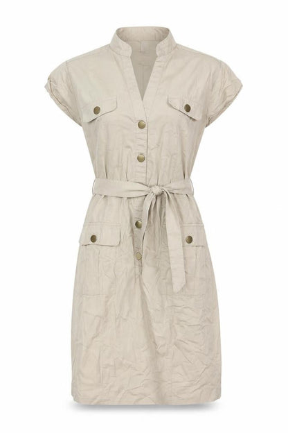 H&M Women Beige UK 8 Knee Length Belted Shirt Dress Pockets