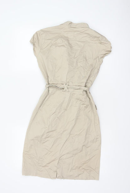 H&M Women Beige UK 8 Knee Length Belted Shirt Dress Pockets
