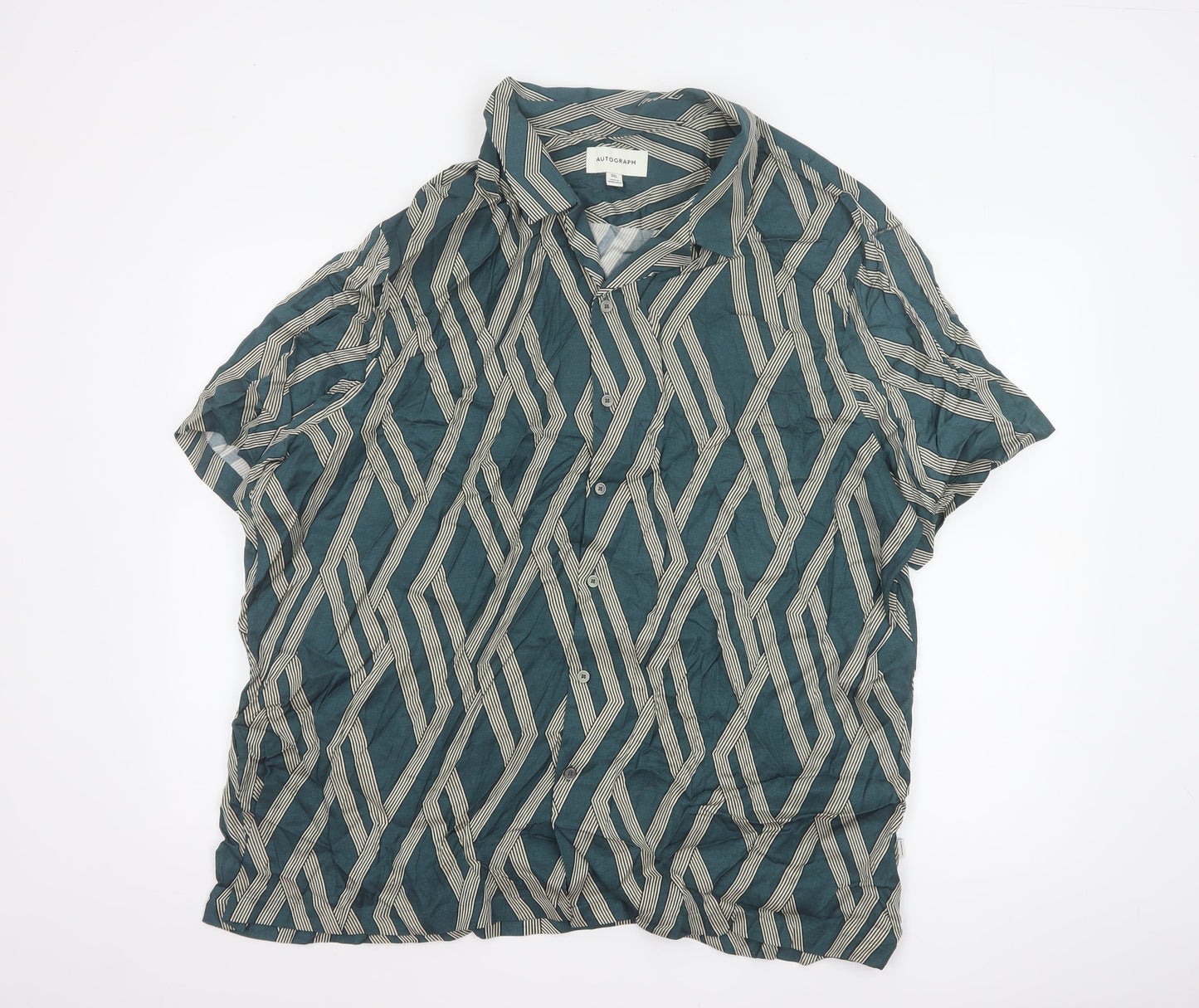 Autograph Men’s Green 3XL Geometric Viscose Short Sleeve Button-Up Shirt