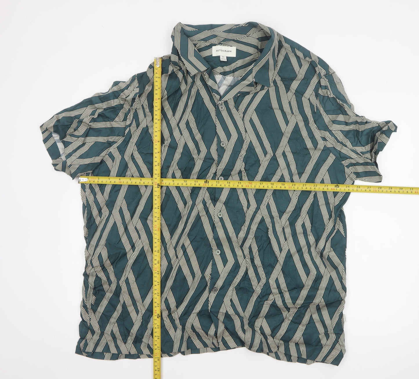 Autograph Men’s Green 3XL Geometric Viscose Short Sleeve Button-Up Shirt